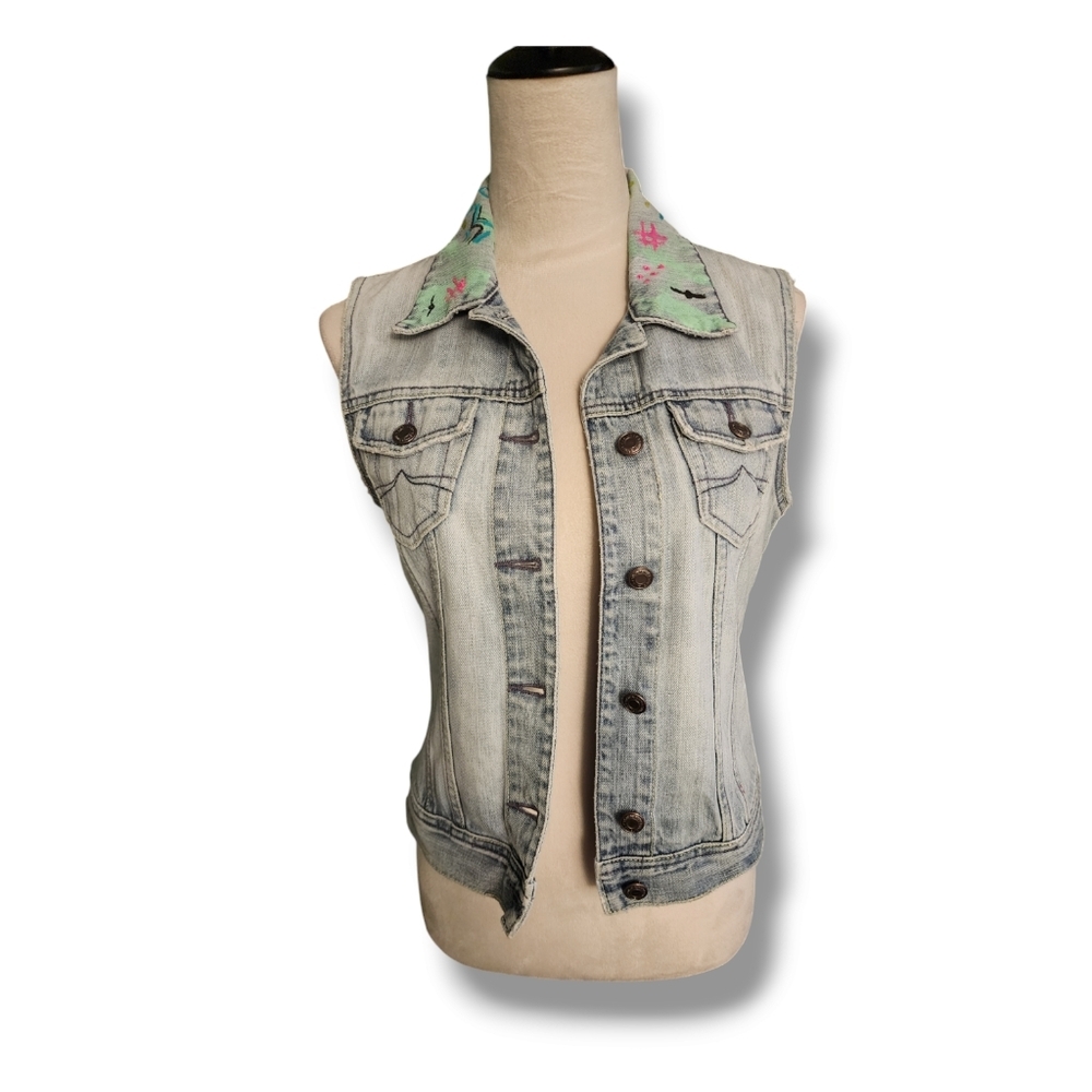 Handpainted OOAK Abstract Art Denim Vest - Picture 2 of 9